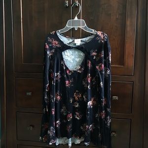 floral over navy blue long sleeve t-shirt